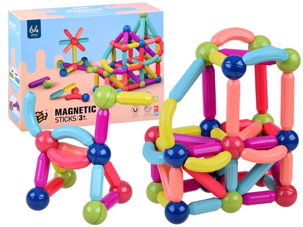 Spalvingi magnetiniai blokeliai vaikams, 64 elementai