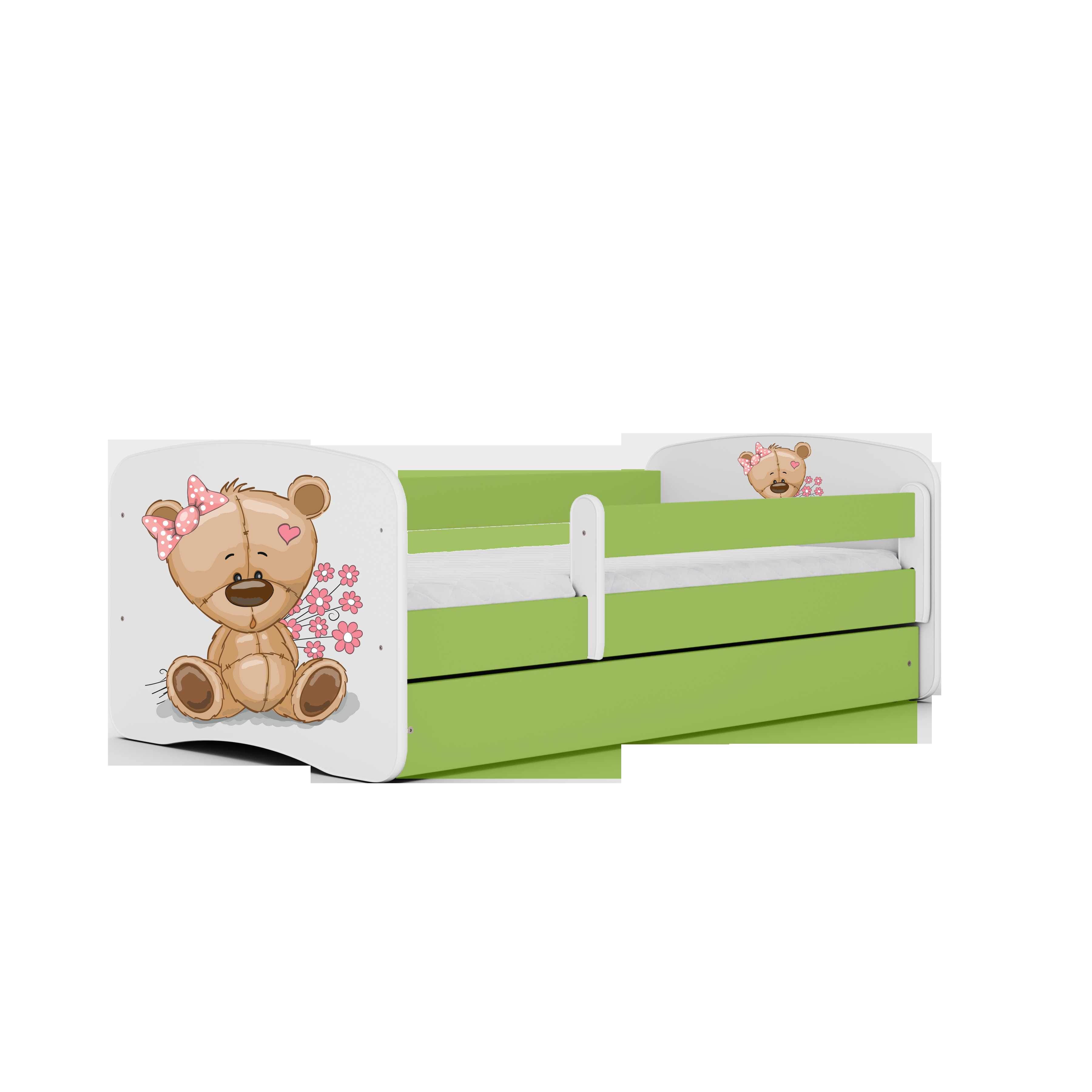 Lova Babydreams - Meškiukas su gėlėmis, žalia, 180x80, su stalčiumi