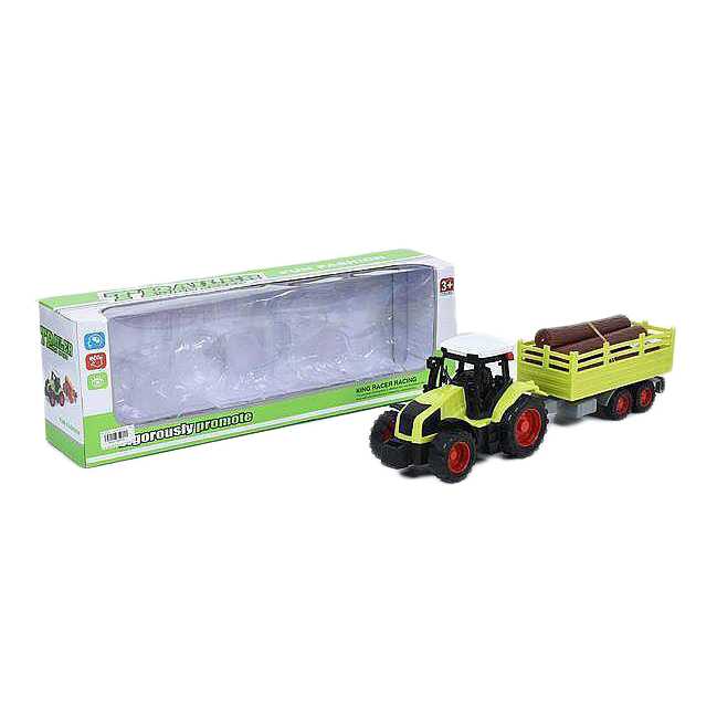 Žaislinis traktorius su priekaba ir mediena