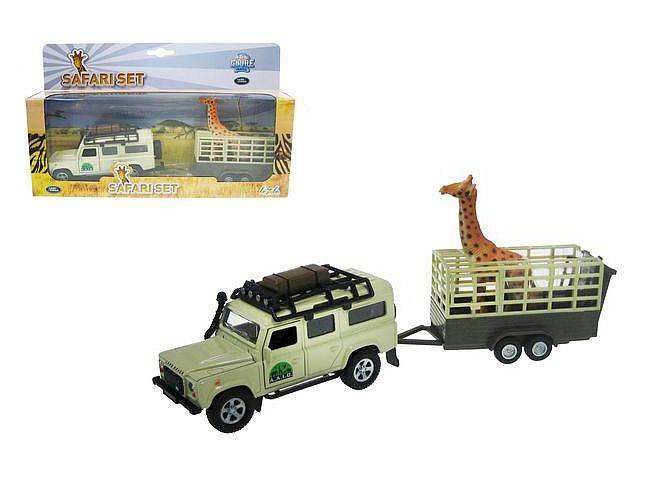 Land Rover automobilis su priekaba ir žirafa
