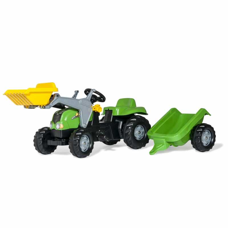 Traktorius minamas pedalais su kastuvu ir priekaba, žalias			