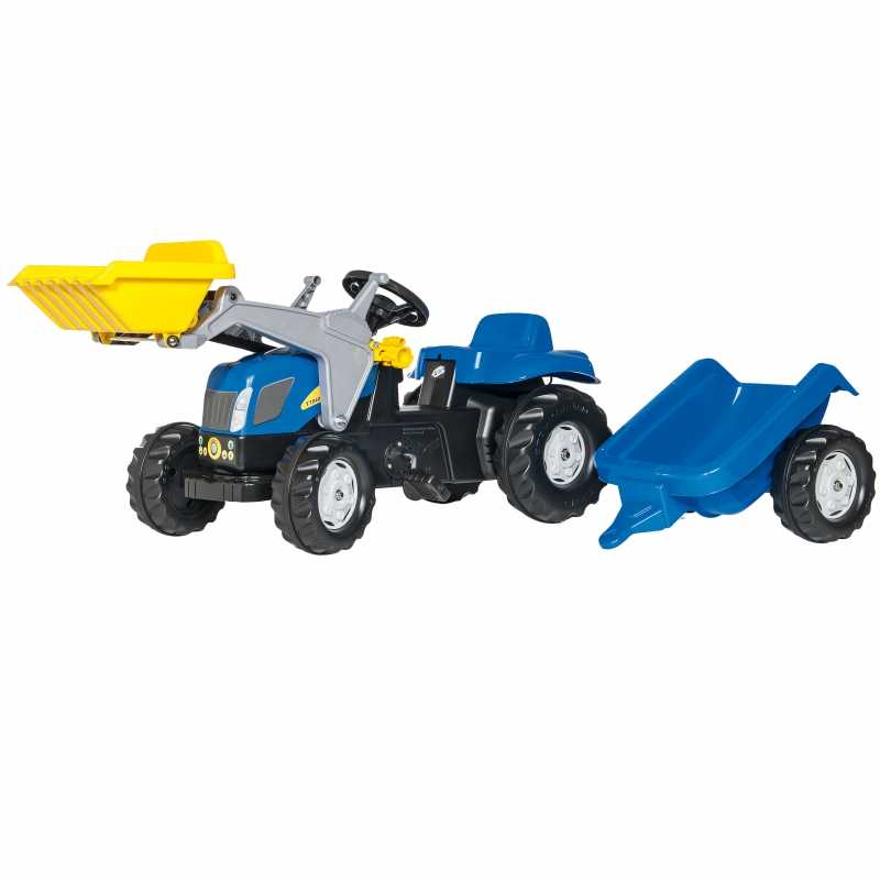 Vaikiškas minamas traktorius su kaušu ir priekaba - Rolly Toys Kid New Holland, mėlynas				