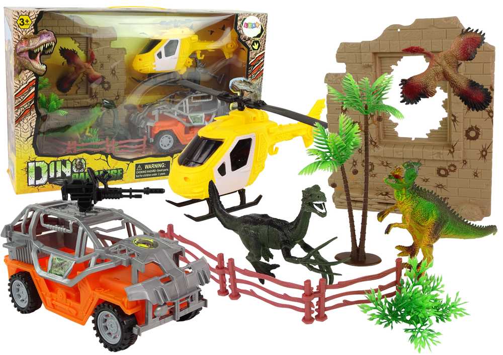 Didelis dinozaurų parko rinkinys su automobiliu ir sraigtasparniu 