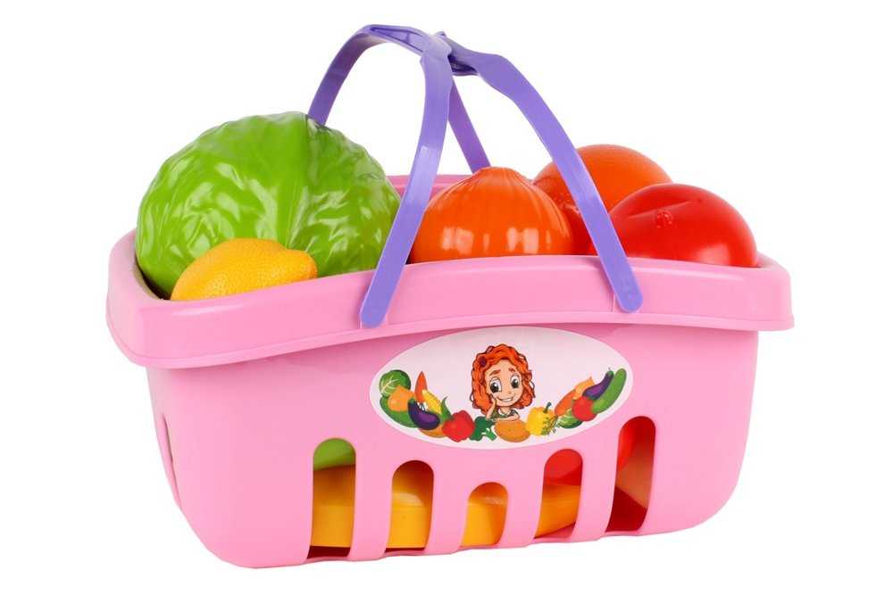 Pirkinių krepšelis su daržovėmis ir vaisiais, rožinis