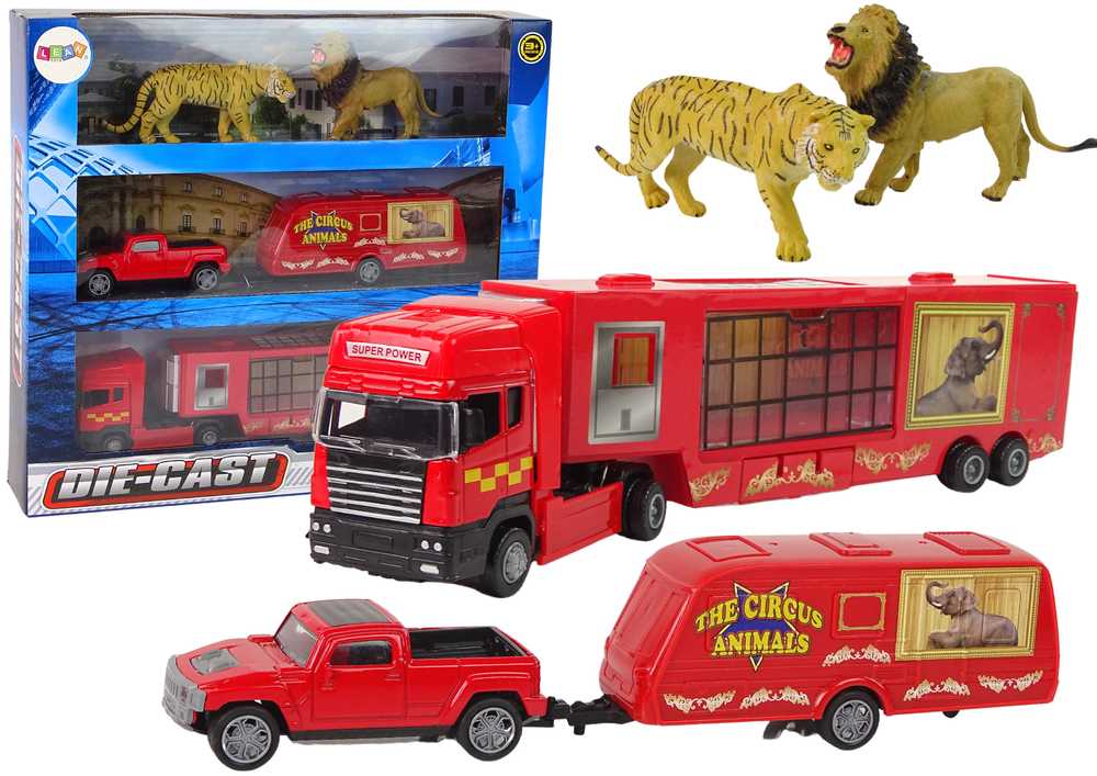 Žaislinis cirko gyvūnų pervežimo sunkvežimis su automobiliu