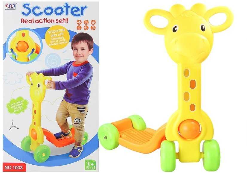 Vaikiškas paspirtukas su 4 ratais, žirafa, geltonas