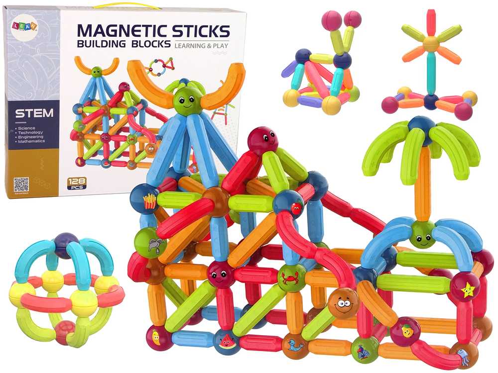 MAGNETIC STICKS edukacinių magnetinių kaladėlių rinkinys, 128 el.