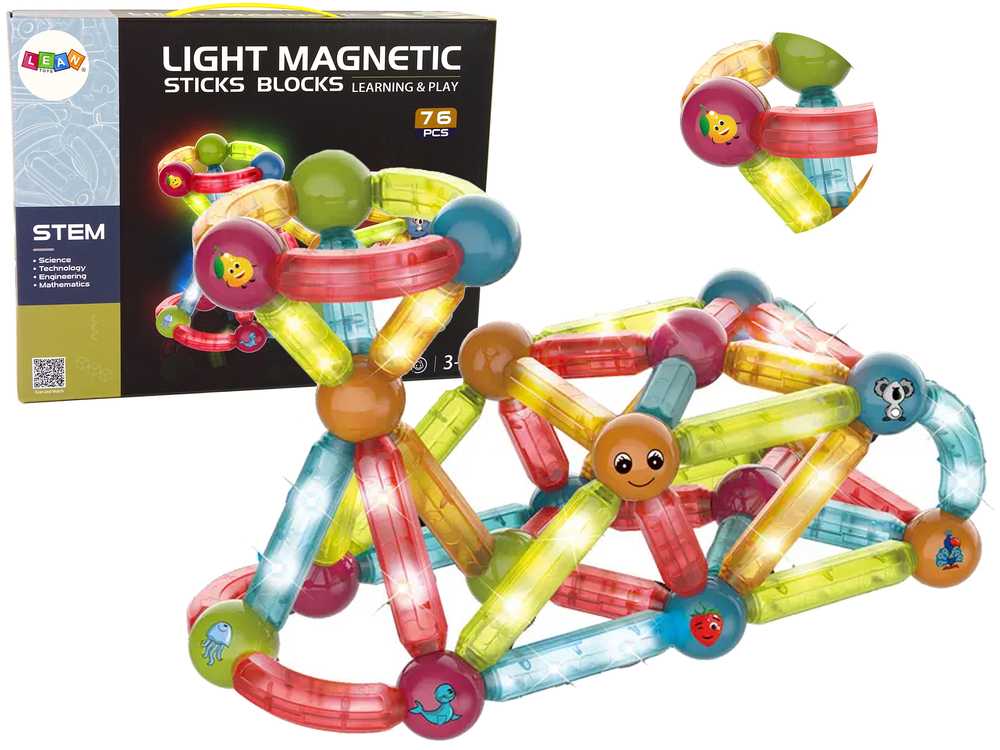 LIGHT MAGNETIC STICKS šviečiančių edukacinių magnetinių kaladėlių rinkinys, 76 el.
