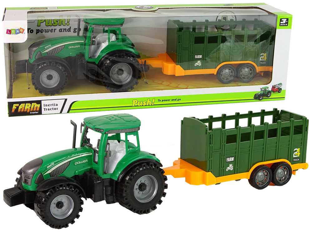 Žalias traktorius su nuimama frikcinės pavaros priekaba