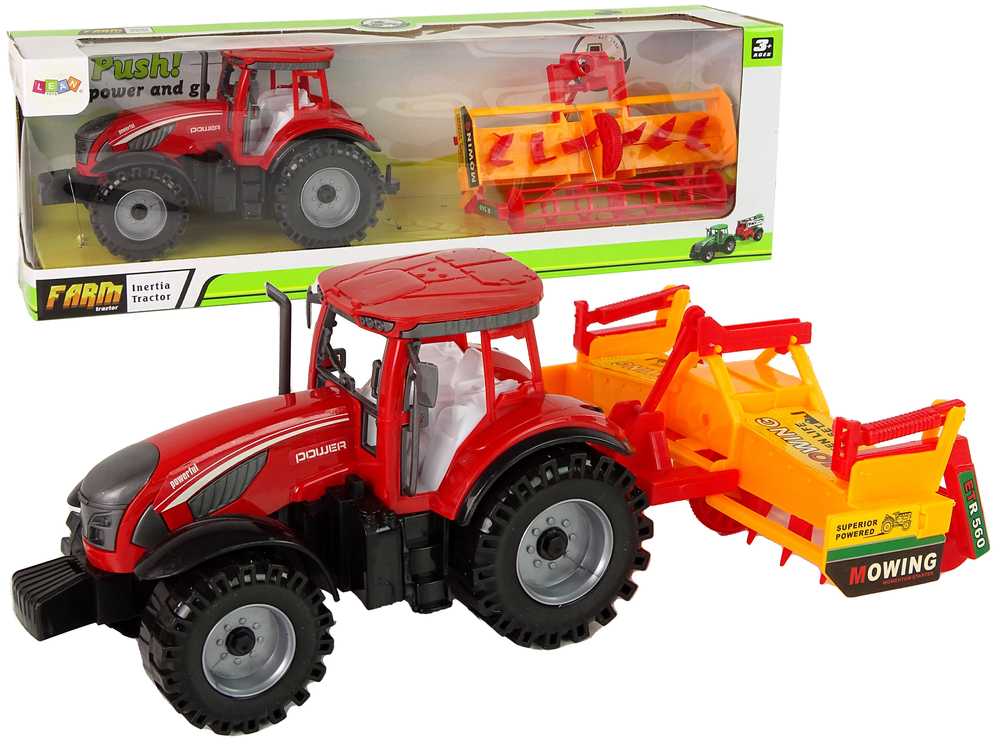 Raudonas traktorius su oranžine kultivatoriaus pavara