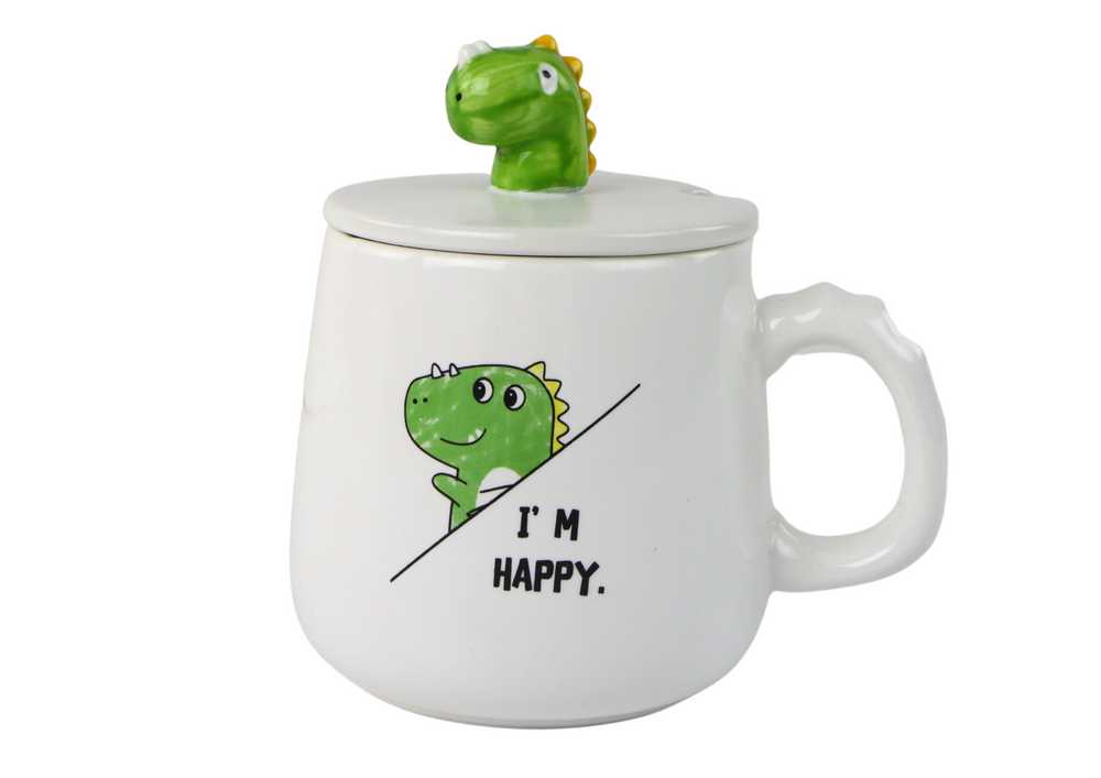 Keraminis puodelis su dinozauru, baltas