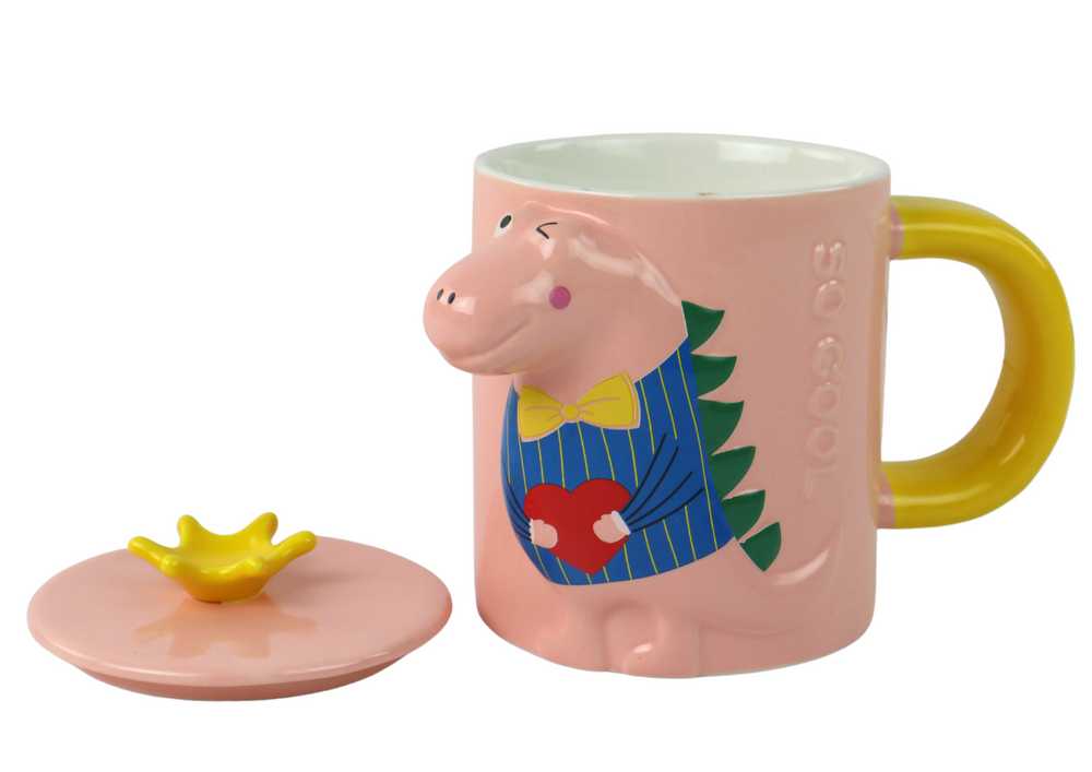 Vaikiškas keraminis puodelis su šaukštu ir dangteliu, 3D dinozauras, rožinis