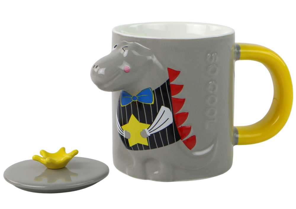 Vaikiškas keraminis puodelis su šaukštu ir dangteliu, dinozauras, pilka