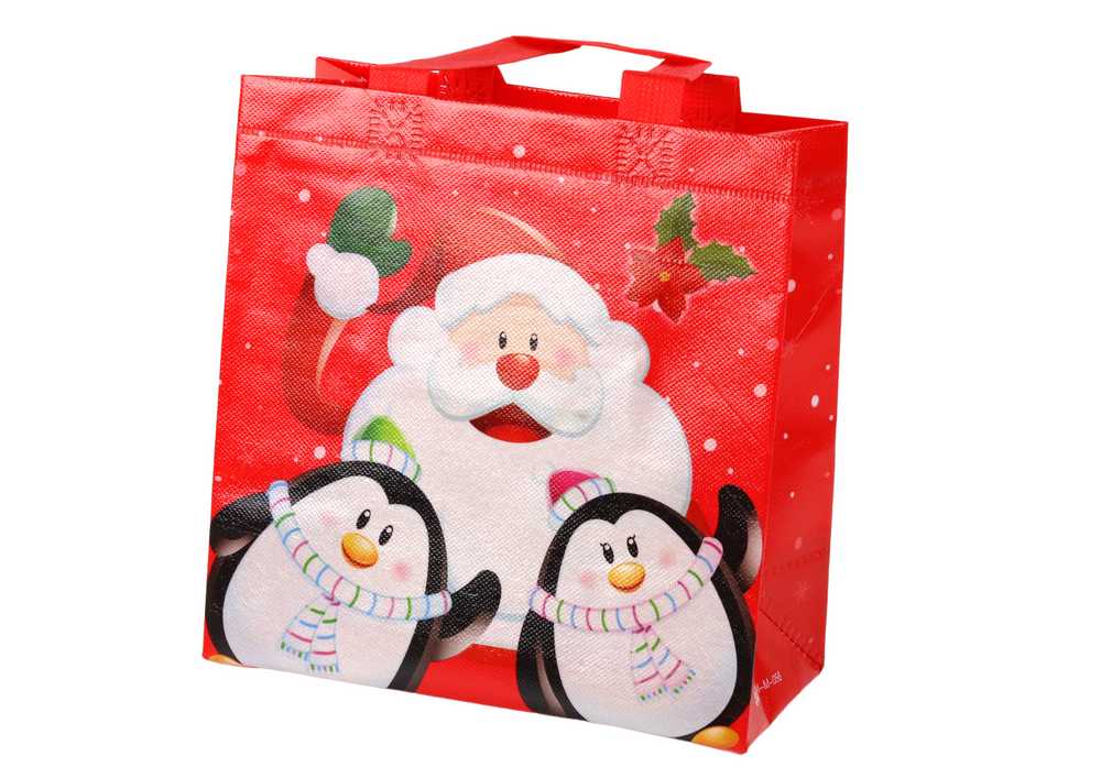 Dovanų maišelis su Kalėdų seneliu ir pingvinais, raudonas 