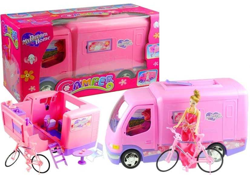 Rožinis kempingas su lėlės dviračiu 