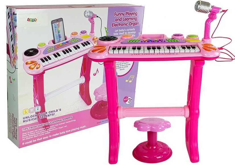 Pianinas su mikrofonu ir kėdute, rožinis